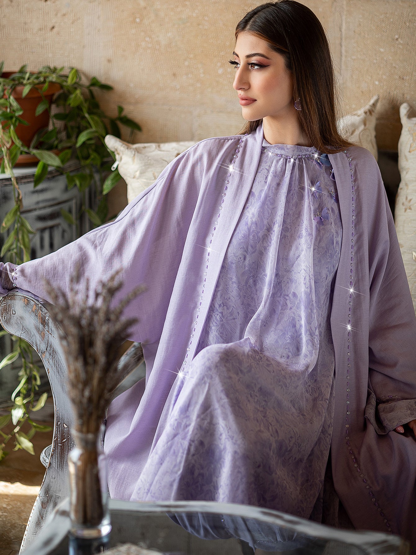 1pc Outerwear, Modern Lavender Abaya with Sparkling Rhinestone Embellishments – Lightweight and Elegant Design (Inner Wear Not Included)