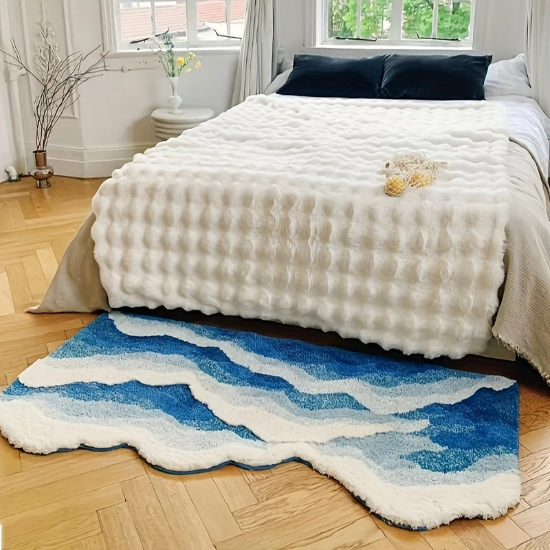 Ultra-Soft Blue Ocean Wave Tufted Rug - Thick, Non-Slip TPR Backing, Absorbent for Bathroom & Living Room Decor