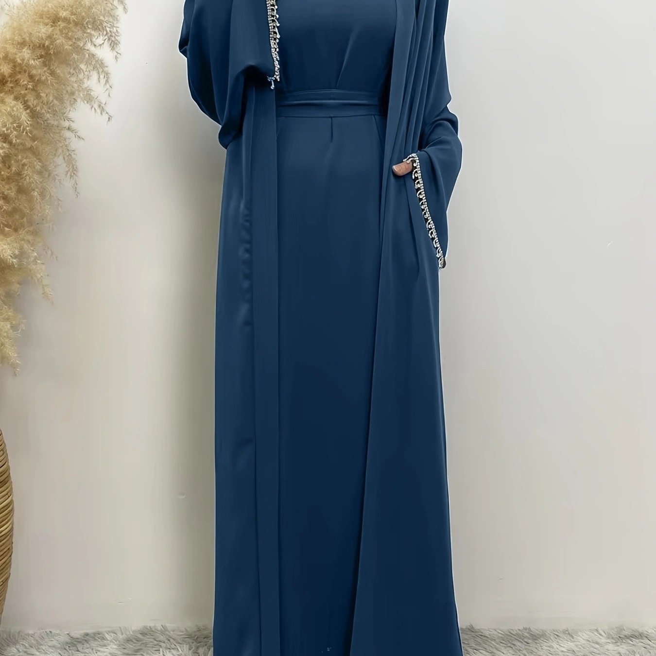 Ramadan Muslim Pakistani Abaya Women's 2pcs Set Rhinestone Open Front Hijab Dress Dubai Kaftan