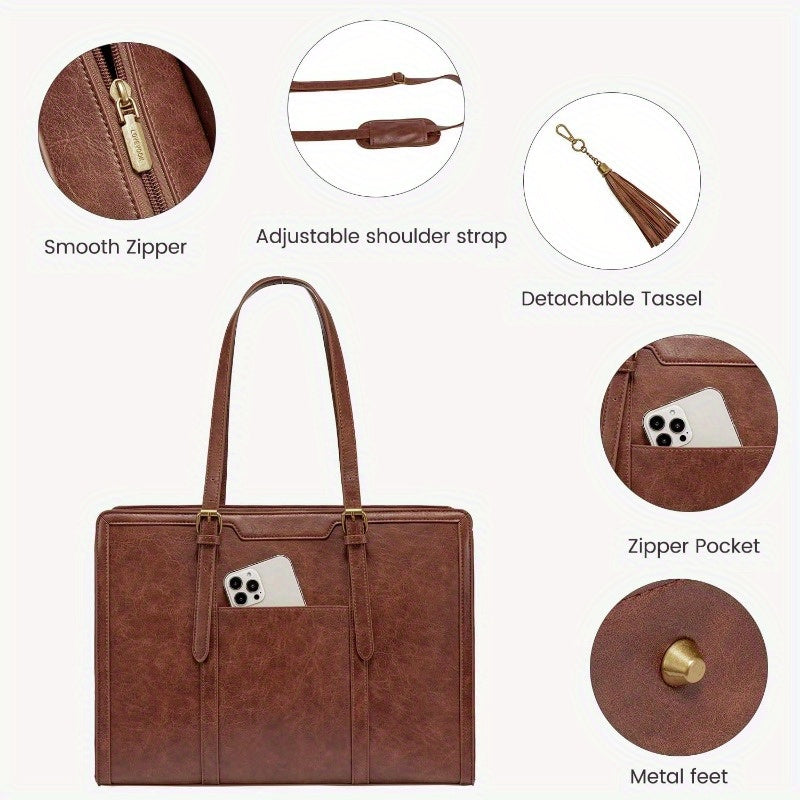 Women's Vintage Laptop Leather Tote Bag 15.6 Inch with Clutch Purse - Large Capacity Work Bag, Multi-Pocket Organizer & Metal Feet, Convertible Shoulder/Crossbody Bag for Office, Travel