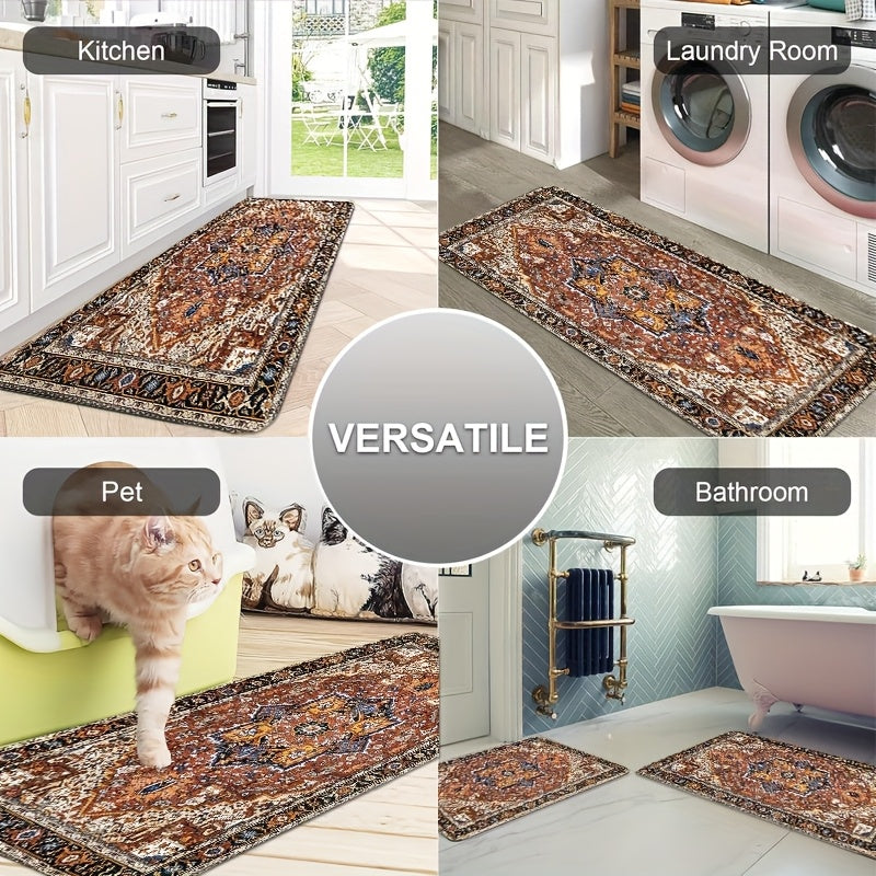 Kitchen Mat Set Featuring a Bohemian Style, Small Decorative Rugs with Vintage Eastern Medal Designs, Persian Carpets Made of Plush Material That Are Stain-Resistant, Non-Slip, Soft, Comfortable, And Easy to Clean