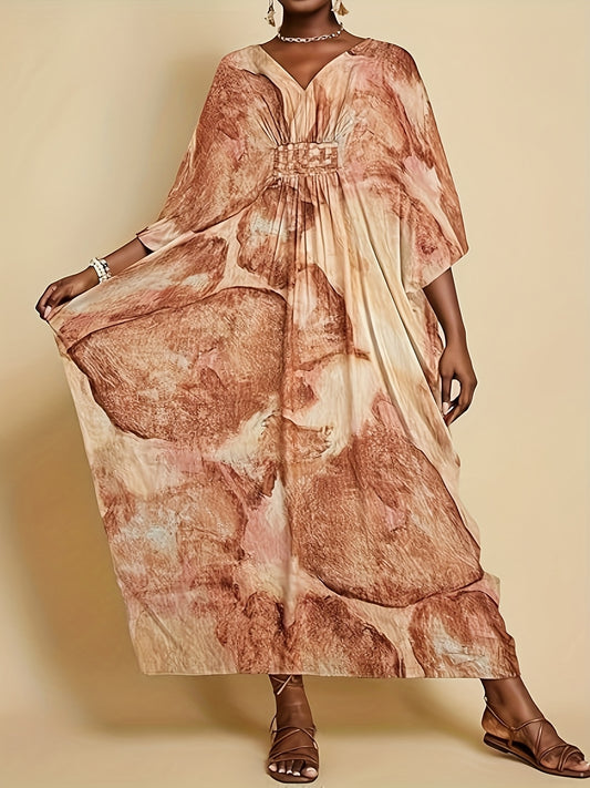 Plus Size - Plus Size Kaftan Dresses For Women V Neck Swimsuit Coverup Floral Print Kaftan Maxi Beach Dress Brown