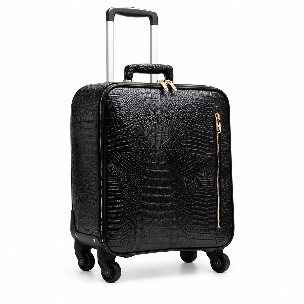 Black Crocodile Embossed Leather Trolley Suitcase