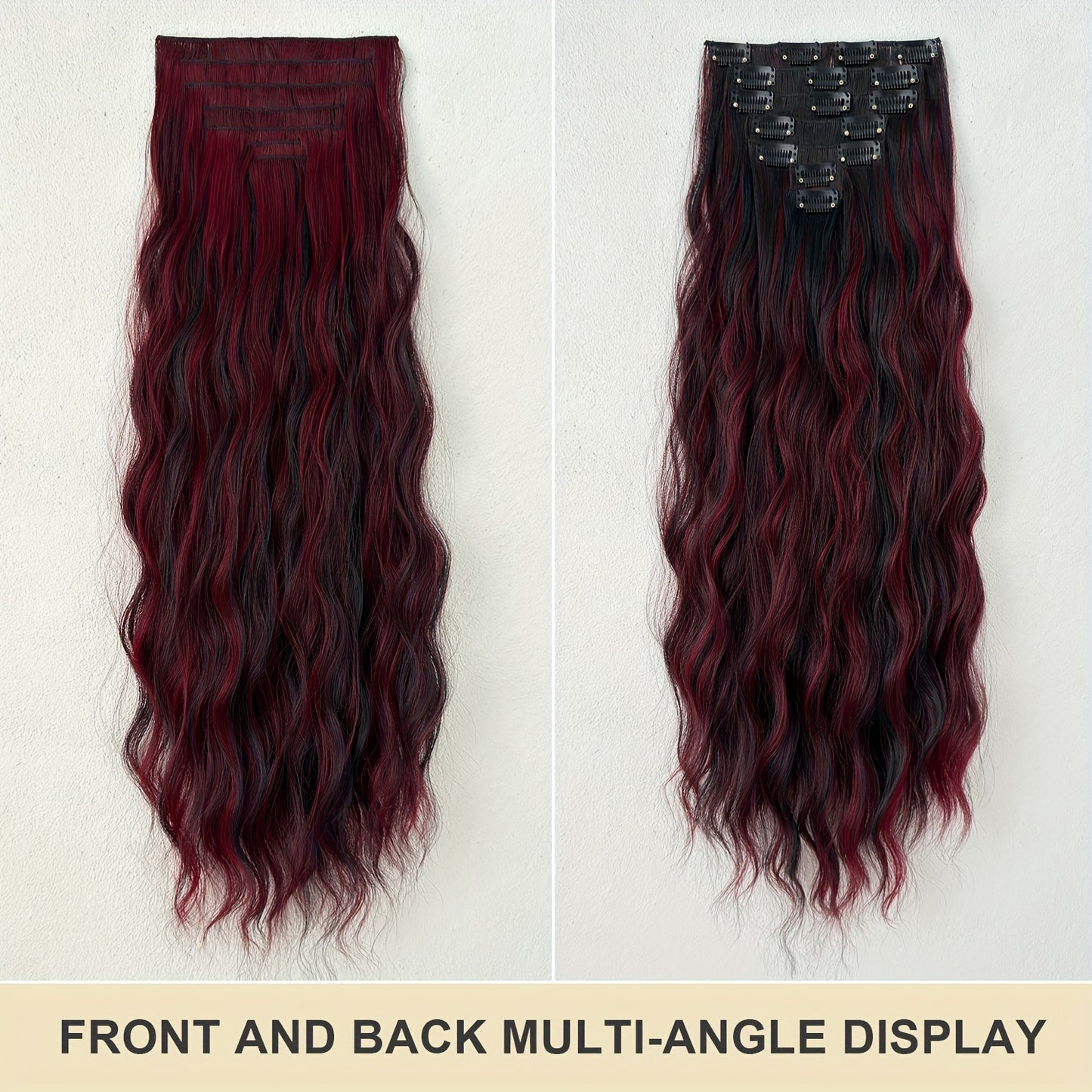 24 Inch Long, Easy to Apply, Heat Resistant Clip-in Hair Extensions, 7pcs Curly Wave Synthetic Hairpiece, Black Brown for Women, Party Ready, No Tools Required