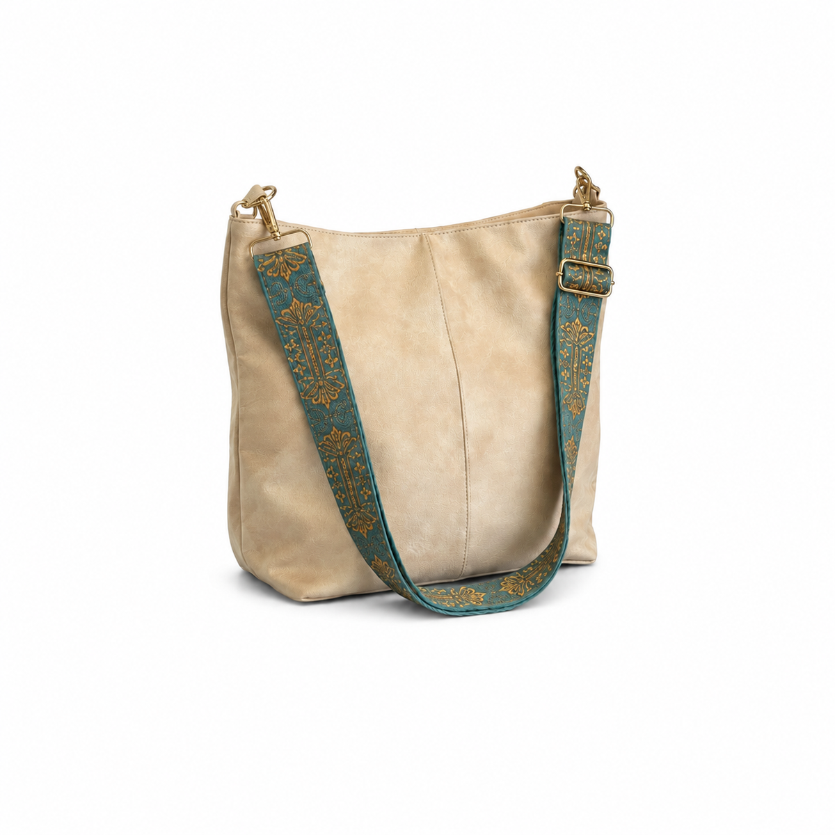 Beige Boho Shoulder Bag with Embroidered Strap