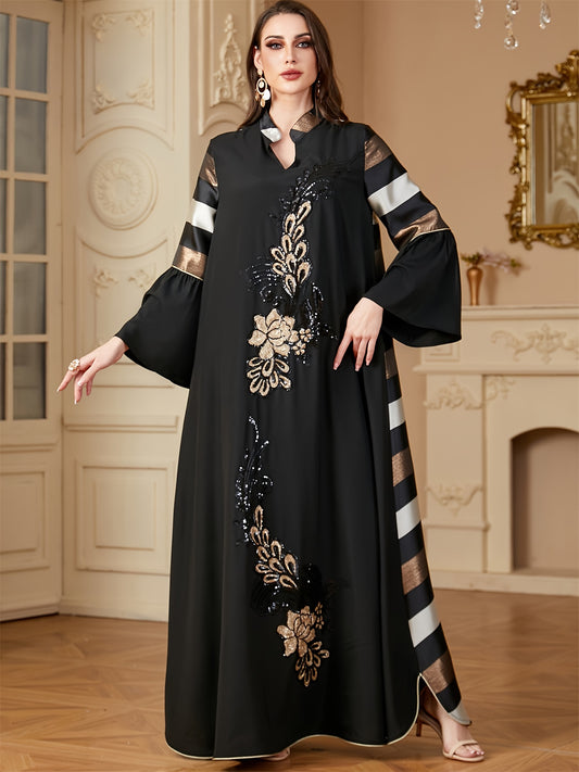 Black & Golden Ramadan Abaya Dress | Loose Fit, 100% Polyester, Long Sleeve, Modern Floral Print, Sequin Patchwork Kebaya for Muslim Women - Modest Eid & Daily Wear