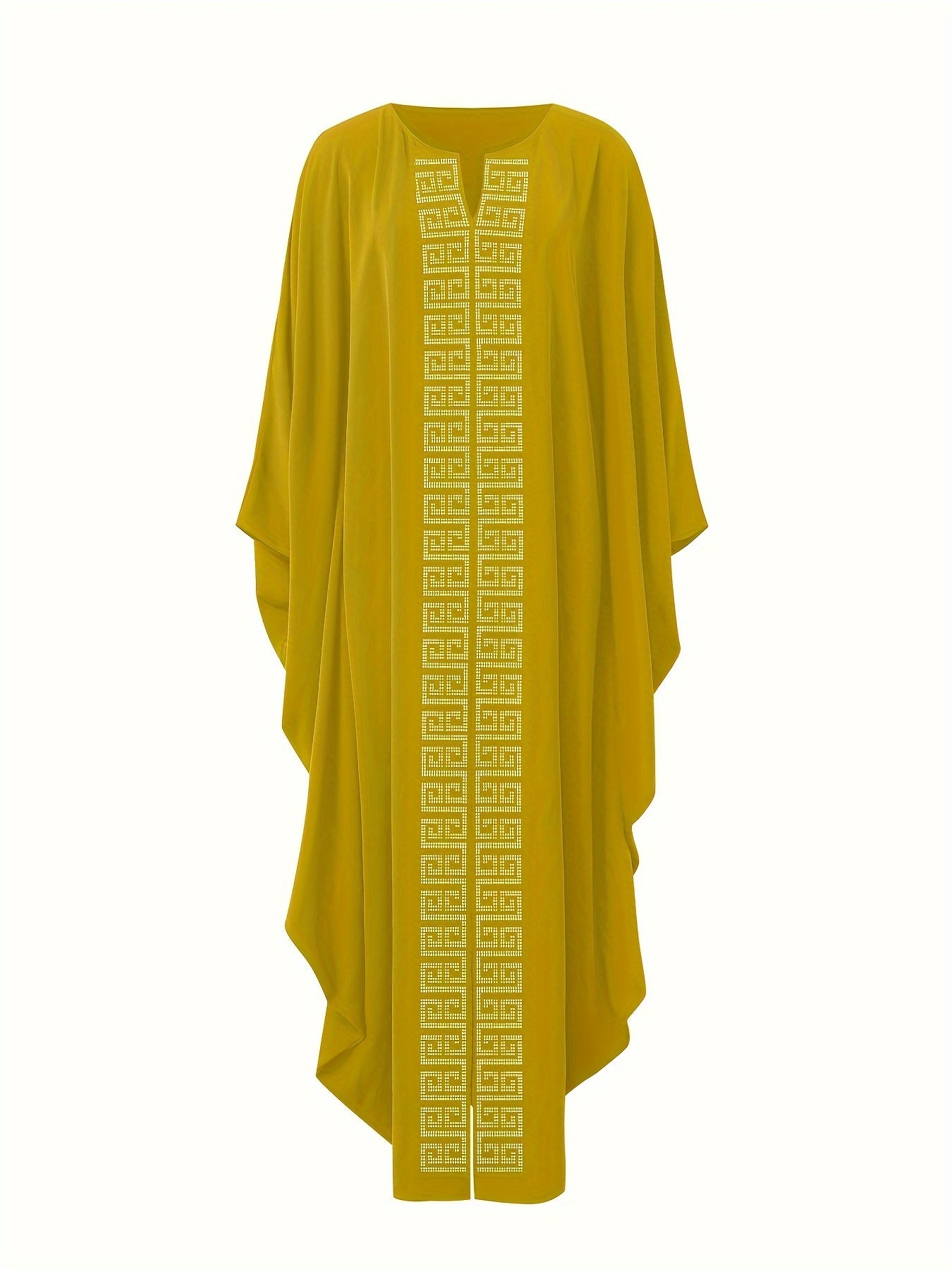 Women's Elegant Rhinestone Embellished Long Kaftan Palestinian Abaya - Batwing Sleeves, Long Split Hem, Polyester, Non-Stretch, Solid Color, Suitable for Spring/Summer/Fall