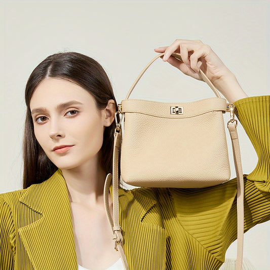Genuine Leather Small Crossbody Bucket Bag for Women - Minimalist Chic Commuting Handbag with Zipper Closure