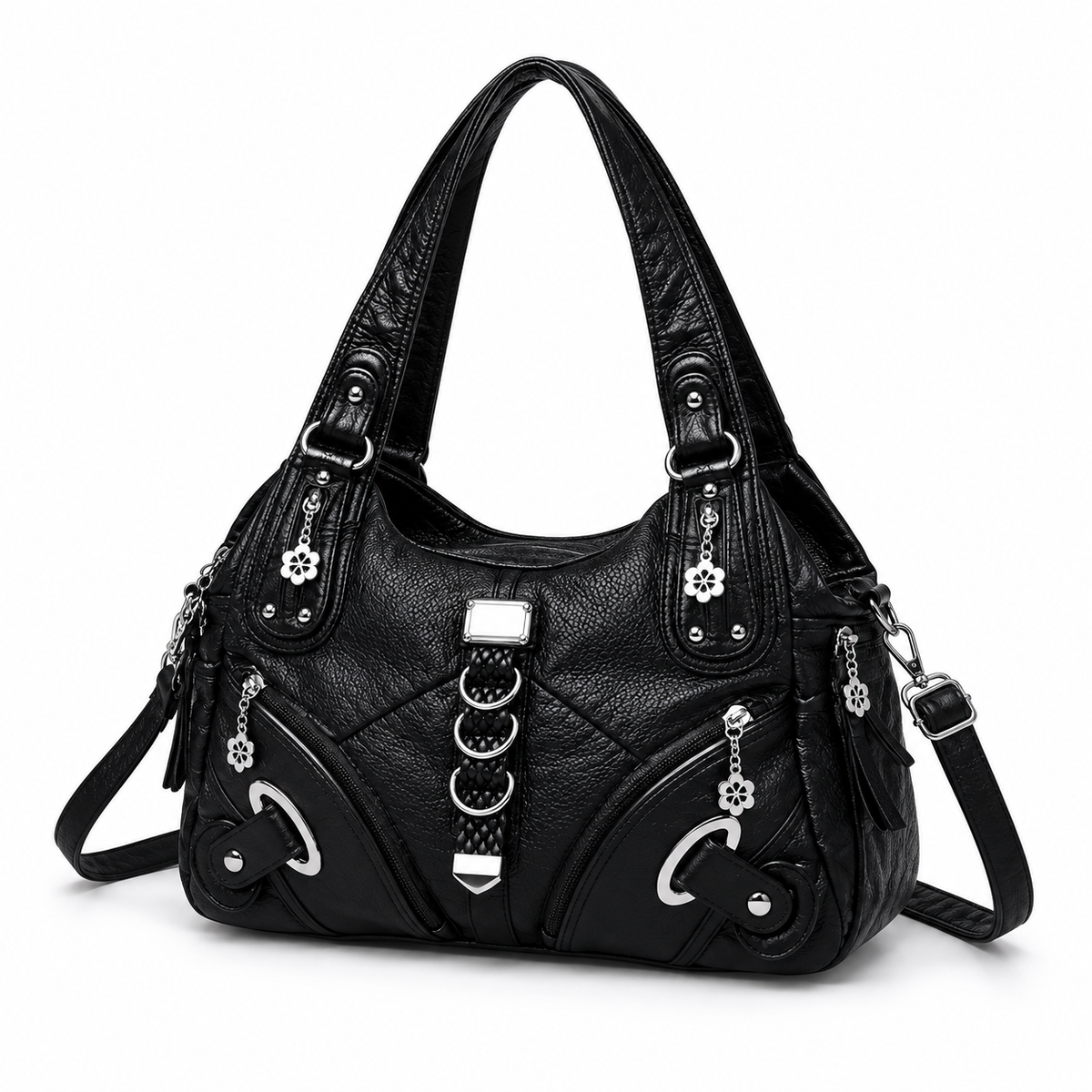 Black Crossbody Bag With Silver Accents