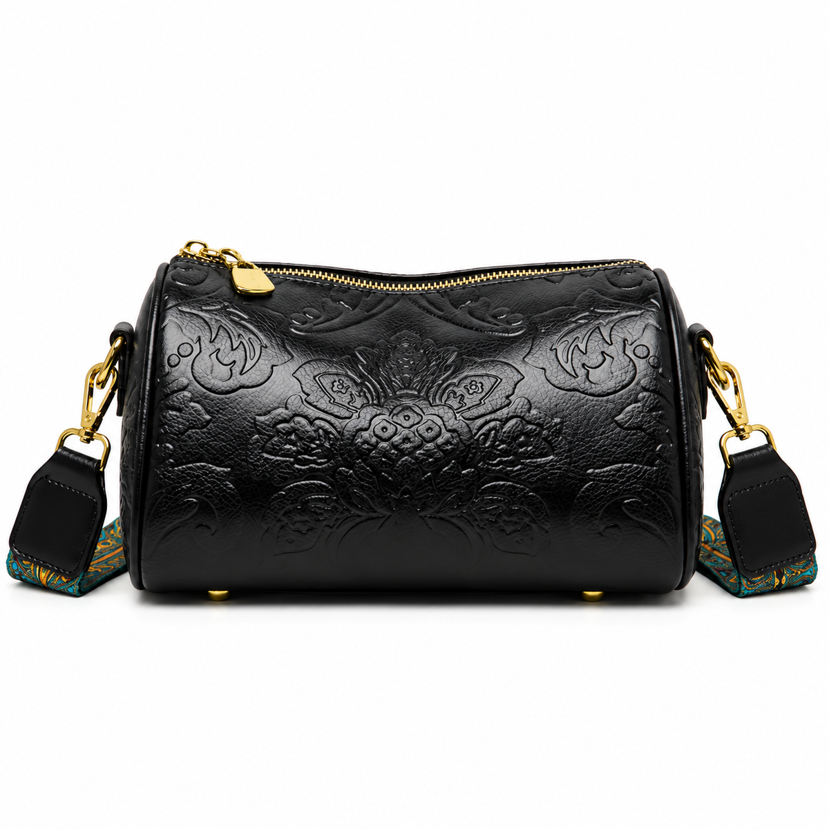 Black Floral Embossed Barrel Vintage Crossbody Bag