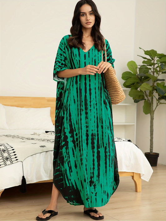 Kaftan Dress Striped Print Beach Cover Up Side Split Long Robe for Leisure Vacation Multicolor Beach Kaftan V-neck Halo Dyed Flower Long Dress Plus Size Bating Sleeve Half Sleeve Home Vacation Dress