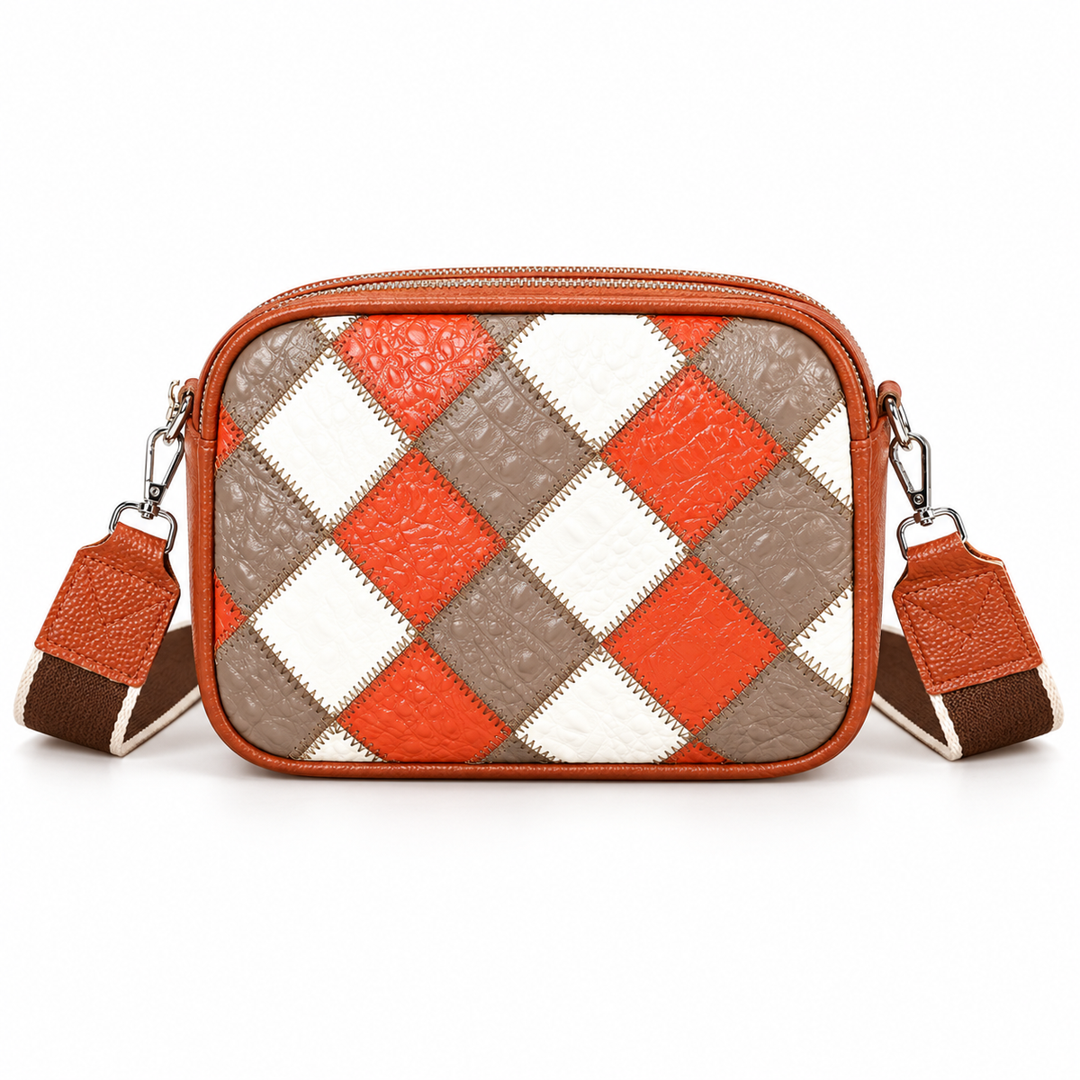 Orange Diamond Patchwork Textured Crossbody Bag