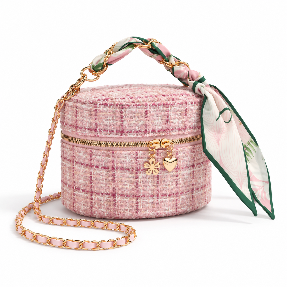 Pink Tweed Crossbody Bag With Scarf