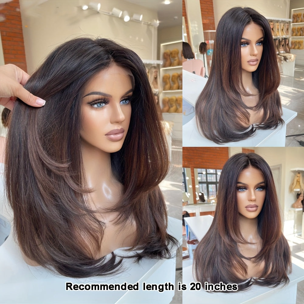 A 20-Inch, 13X4 Upgraded Nude Lace Wig Featuring a Brown Ombré Effect with Layered, Feathered Styles. This Limited Edition Remy Wig Offers a Balayage Look, Perfect for an Effortless Morning Routine And Achieving Bedhead Perf