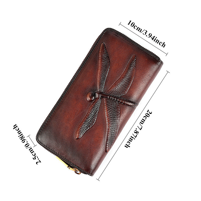 [Leather Floral Clutch Bag] Vintage Leather Wristband Purse - Embossed Floral Pattern Zippered Clutch Bag with Coin Purse and Polyester Lining