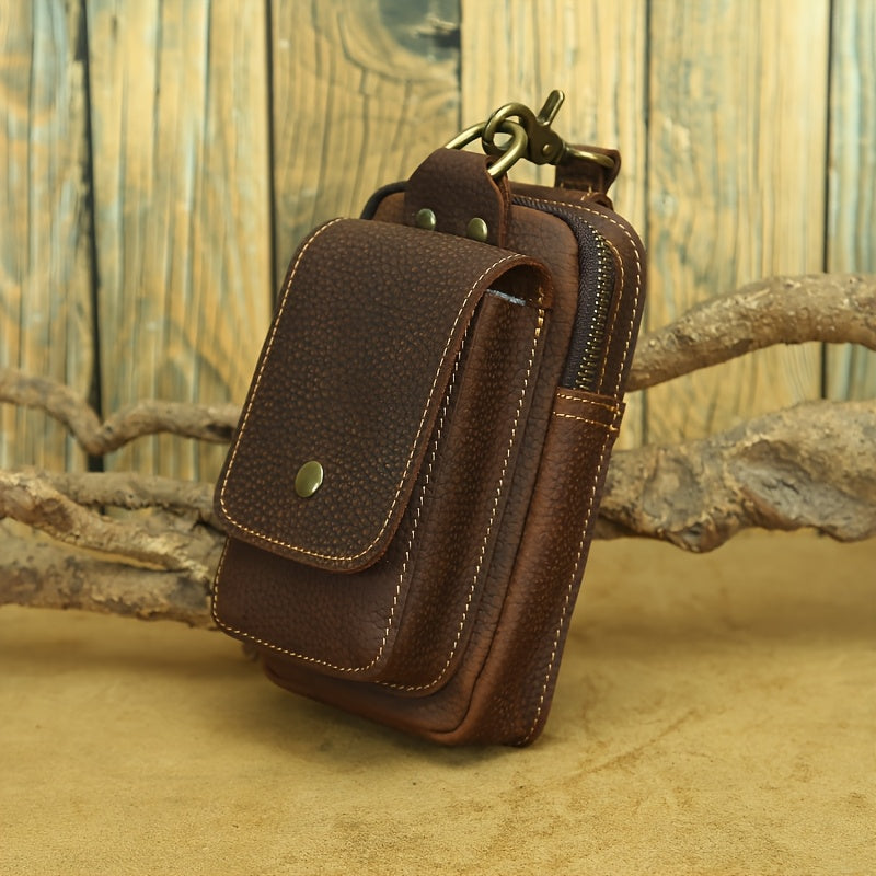 Men's Vintage Crazy Horse Top-Grain Vintage Leather Waist Bag, Casual Style, Multi-Functional Fanny Pack for Daily Commute, No Print, Durable Belt Hanging Pouch for Mobile Phone