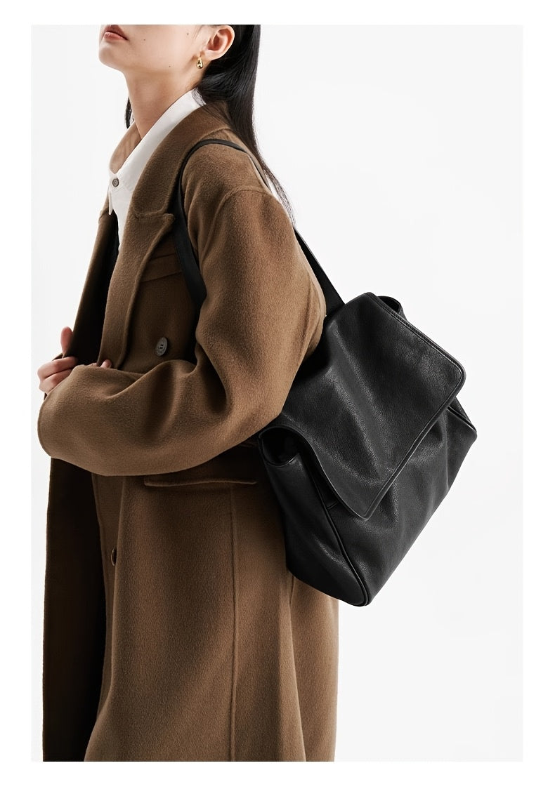 Top-Grain Vintage Genuine Leather Tote Messenger Bag - Flap Closure, Fixed Shoulder Strap, Large Capacity
