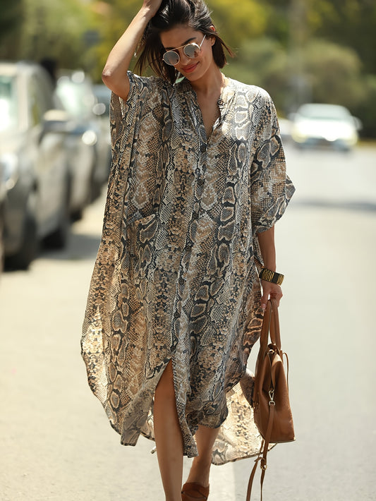 Women's Long Dress Bating Sleeve Kaftan Dresses Print Stripe Snake Pattern Dot Pattern Beach Cover Up Leisure Vacation Home Outfits Swimsuit Cover Up Ethnic Loose Robe