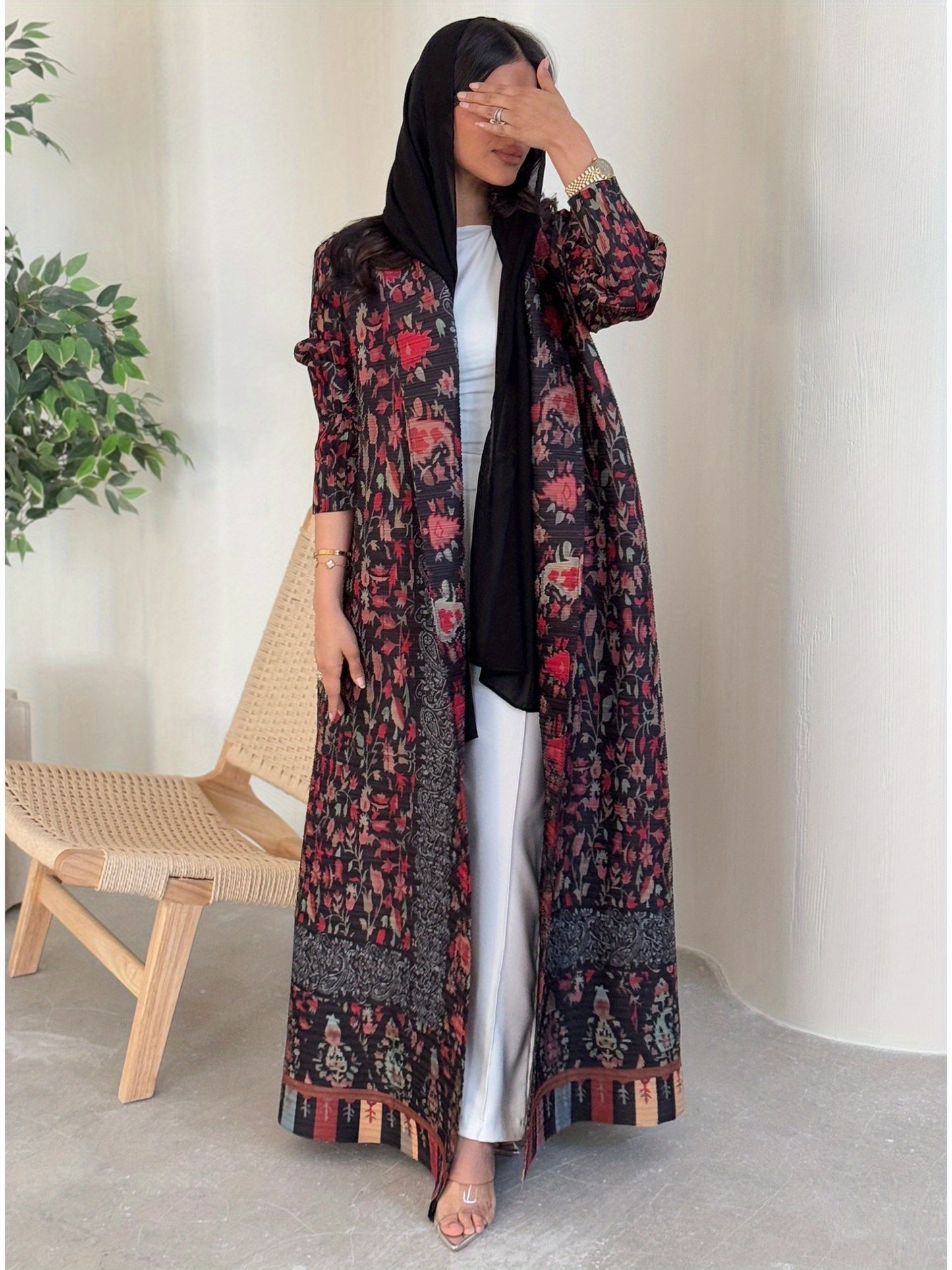 2025 Eid Al-Adha Ready - Stylish Black & Red Floral Print Abaya with Geometric Pattern, Long Sleeve Kaftan Dress for Women, Minimalist Belt Detail, Perfect for Hijabi Fashion