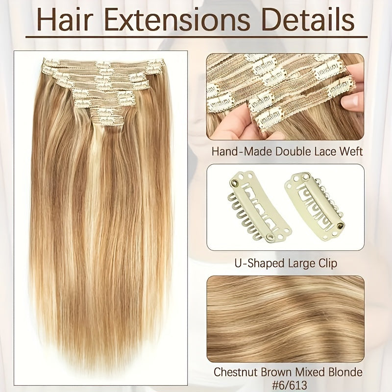 Straight Clip In Hair Extensions 8pcs With 18 Clips Real Human Hair Clip Ins For Women Double Weft Clip In Human Hair Extensions #12/613 Light Brown Mix Bleach Blonde Remy Hair Extension