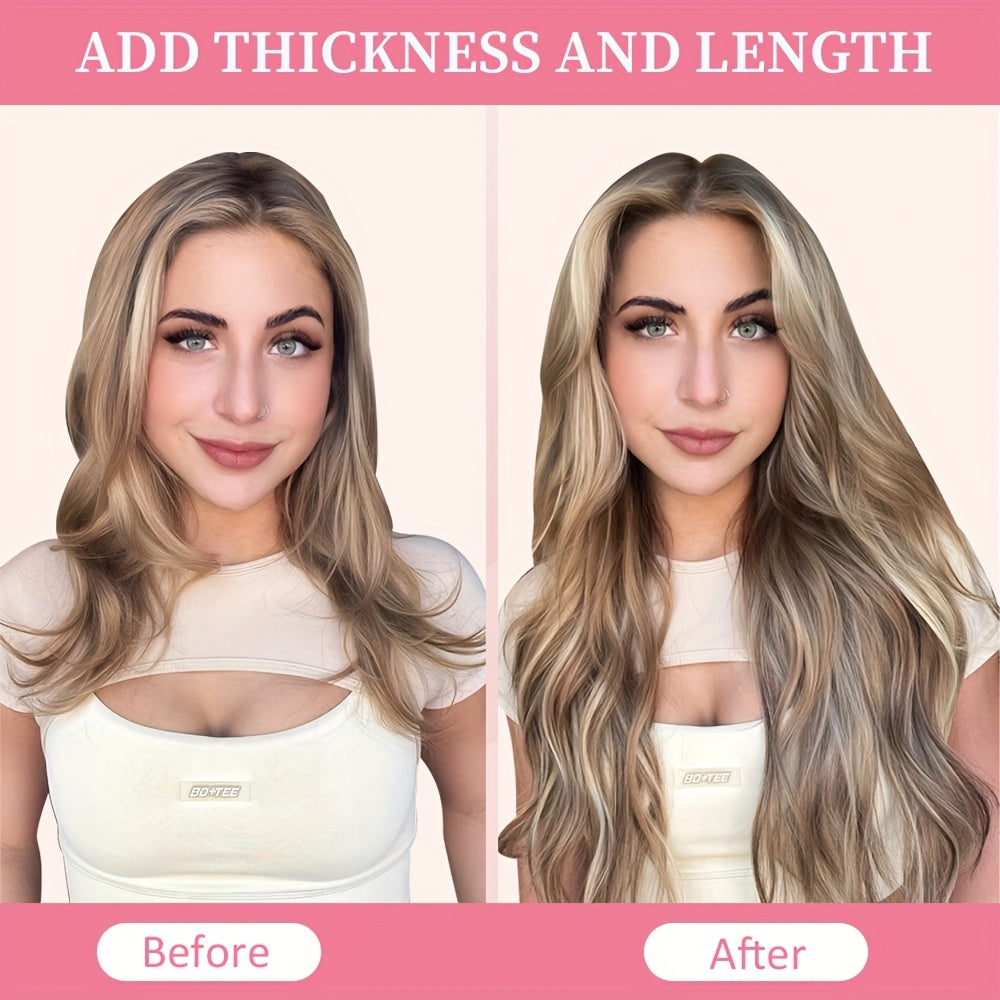50 Strands of DNE Hair Microlink Human Hair Extensions Ranging from 14 to 24 Inches in Light Brown And Blonde, Featuring Straight Hair with Cold Fusion Micro Loop Invisible Seamless Bead Extensions Designed for Women. Made fr