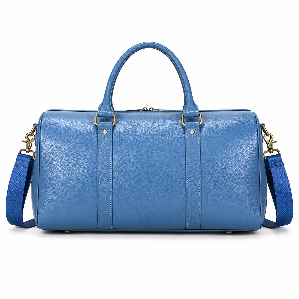 Blue Leather Duffel Bag With Strap
