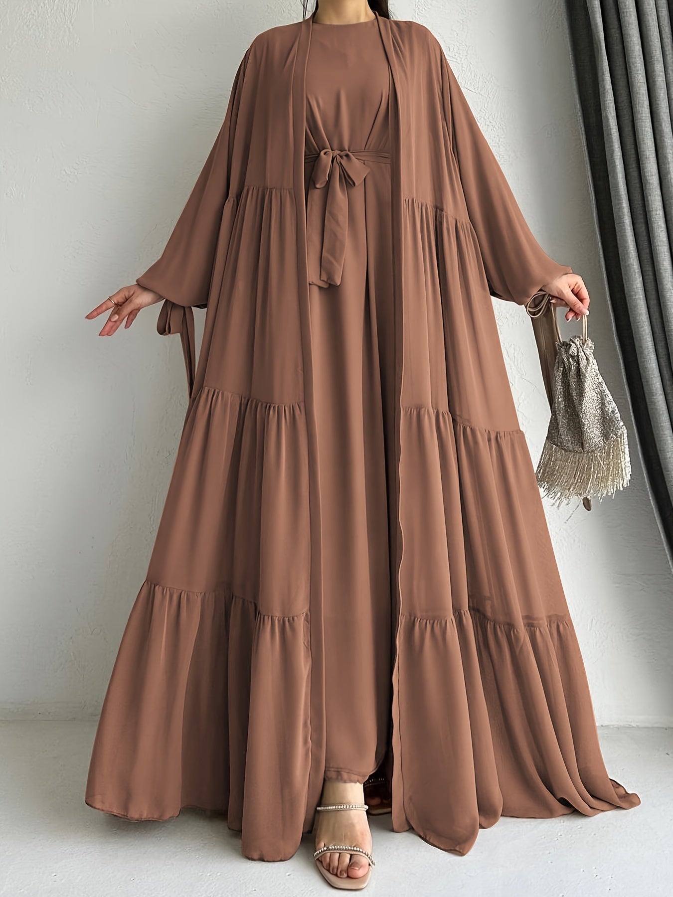 Women's Middle Eastern Palestinian Abaya Dress with Cape Cover - Sleeve Brown Solid Color Modest Traditional Dress, Adjustable Waist Tie Belt, Machine Washable All-Season Wear, Versatile Layering Piece