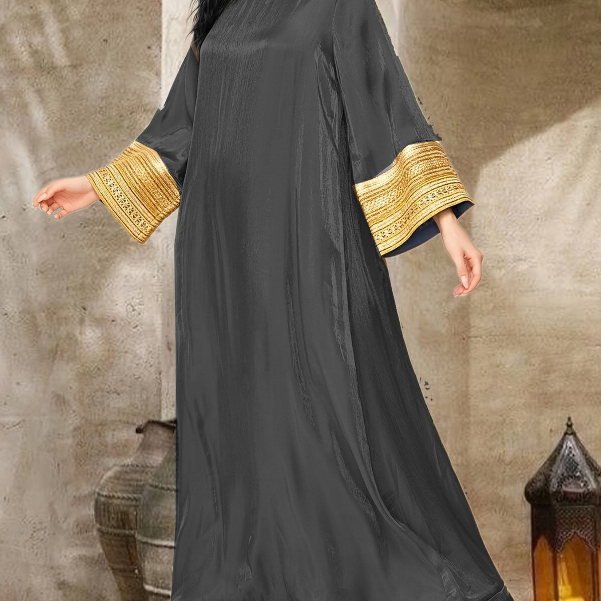 Elegant Women's Long Sleeve Baju Abaya Dress - Crew Neck, Patchwork Design, Loose Swing Fit, Solid Color, Perfect for Spring/Summer, Casual to Formal Wear, Casual Formal Dress