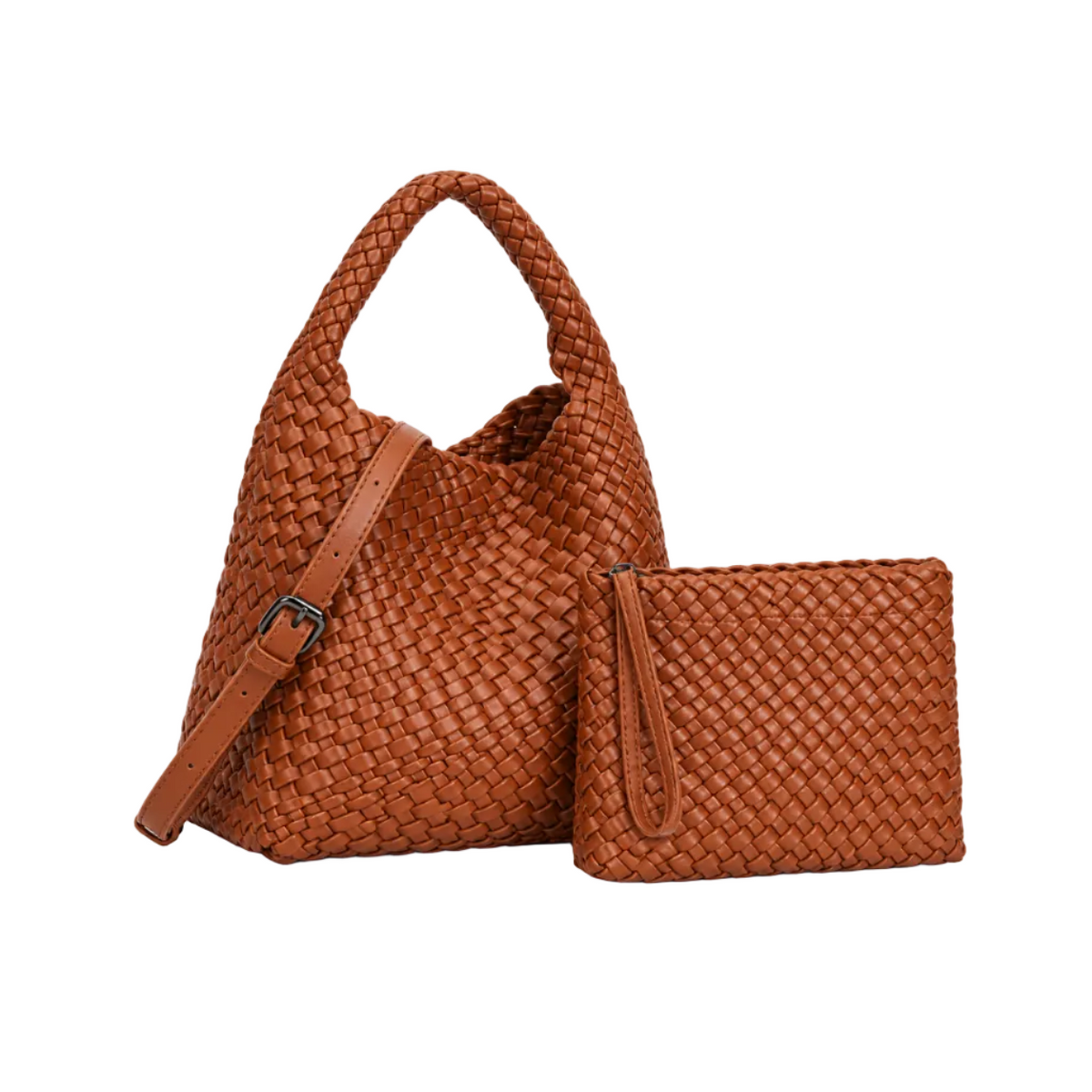 Brown Woven Hobo Bag With Pouch