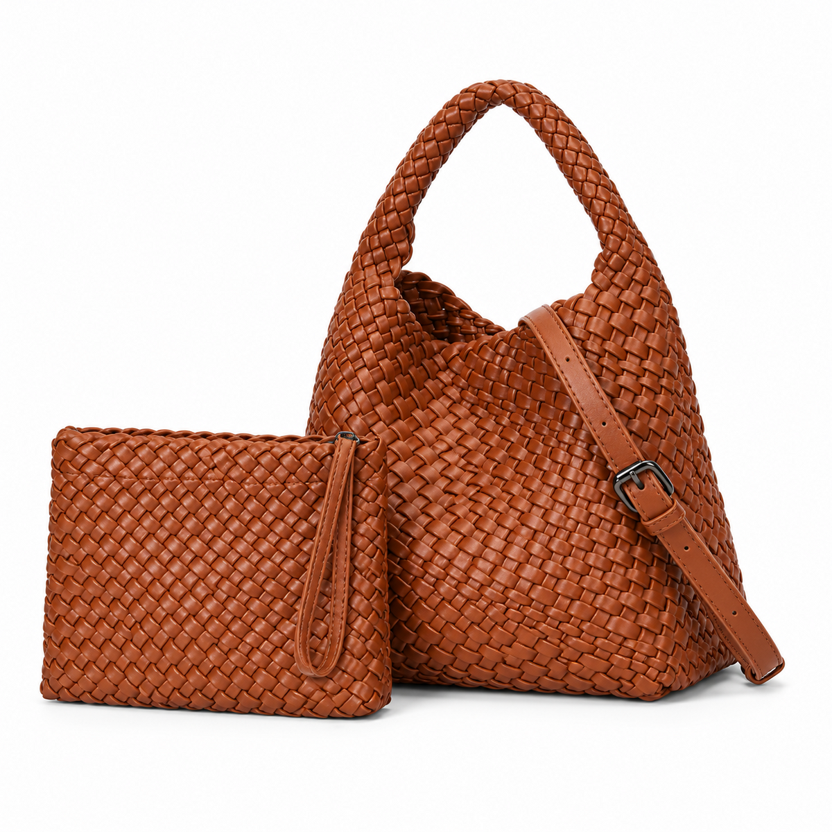 Brown Woven Hobo Bag With Pouch