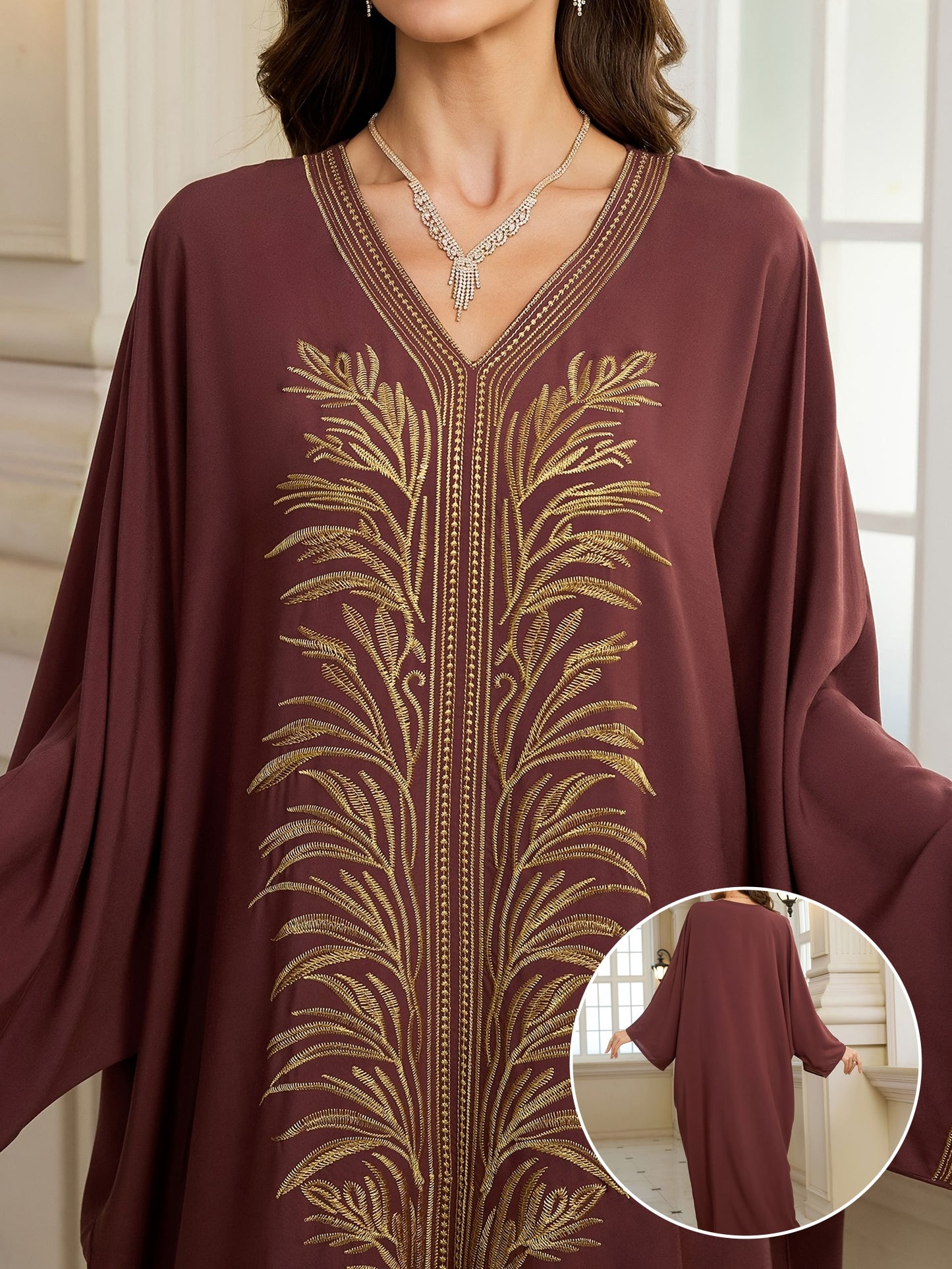Women's Golden Floral Embroidered V-Neck Batwing Sleeve Kaftan Robe - Loose Fit Plus Size Long Dress for Ramadan Eid Beach Vacation, Middle Eastern Cover Up, Muslim Abaya Dress