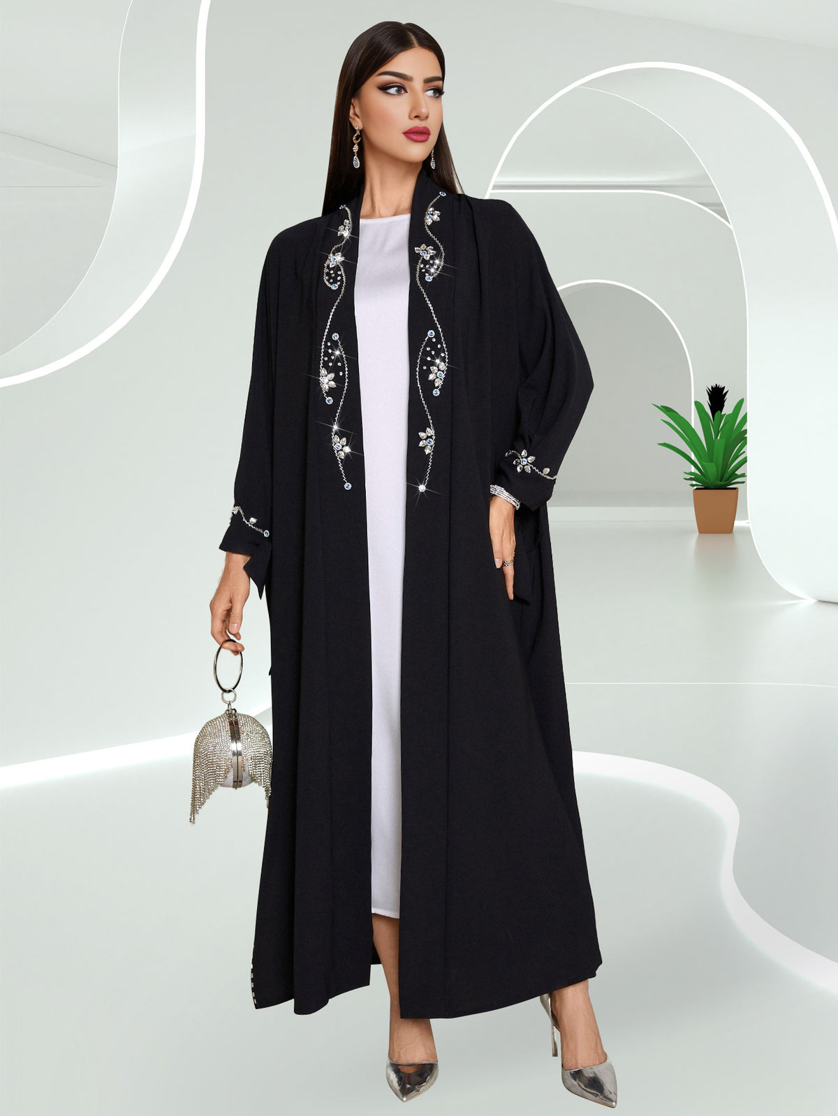 Hand-Sewn Rhinestone-Embellished Oversized Emirati Abaya - Middle Eastern-Inspired Elegance Collection, Solid Color Longline Cover-Up for Casual & Formal Wear, Hand Wash Only, Formal Coverup