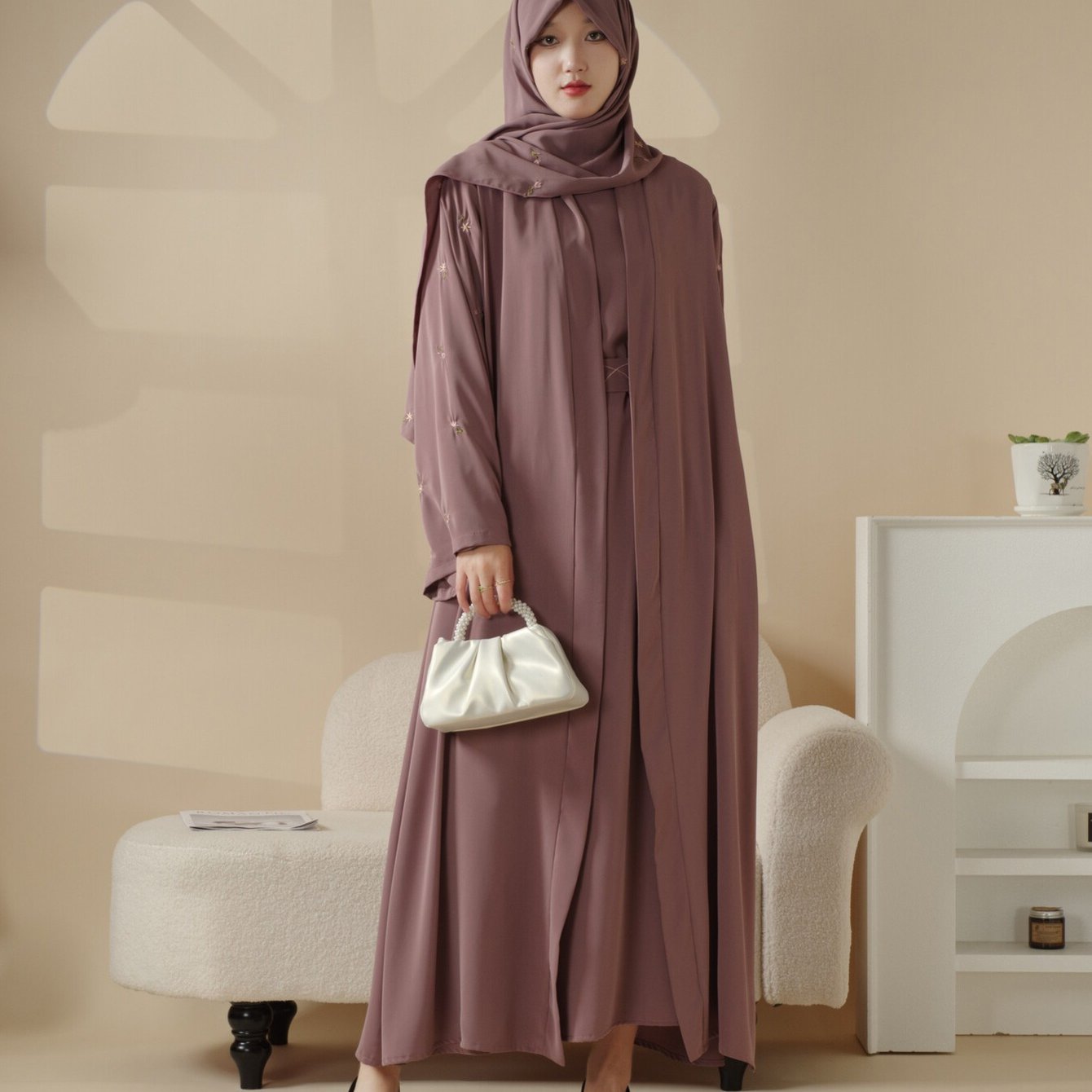 Tulip Embroidery Open Abaya 4pcs set: Includes open abaya, inner dress, matching belt, and hijab