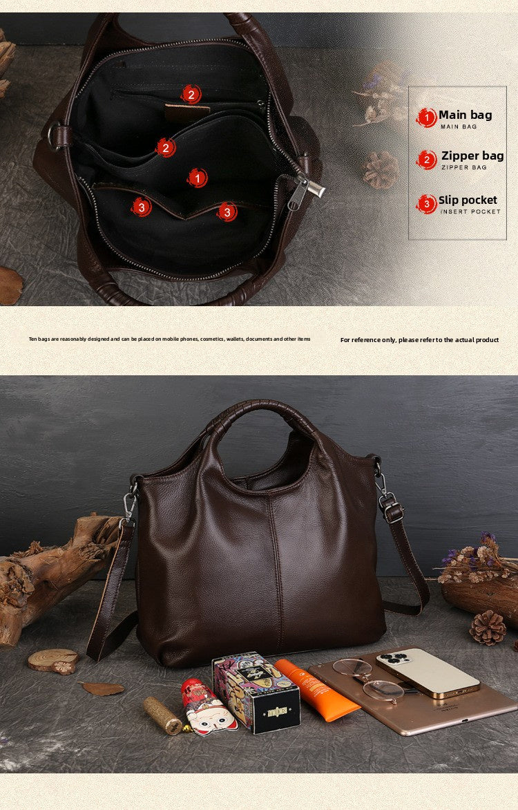 Multi-Functional Messenger Handbag, High-End Genuine Leather Women's Bag, Ethnic Fashion Layer Cowhide Large-Capacity Tote Bag
