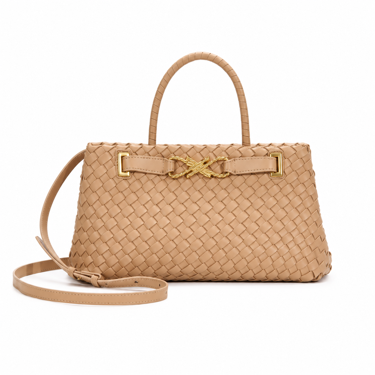 Elegant Camel Woven Top Handle Handbag