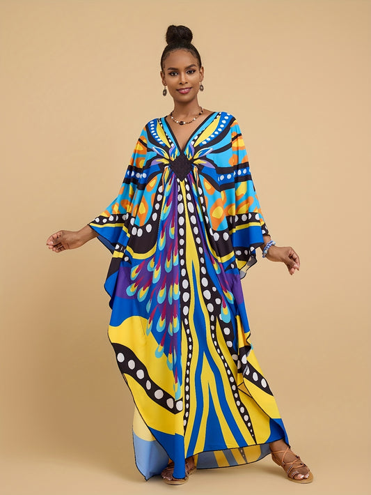 Plus Size - Maxi Dress - Vibrant Butterfly Abaya Cover Up, V-Neck Batwing Sleeve Tunic with Asymmetrical Hem, Loose Fit Long Beach Dress for Women, Spring Summer Fall Casual Outings, Beach Dress