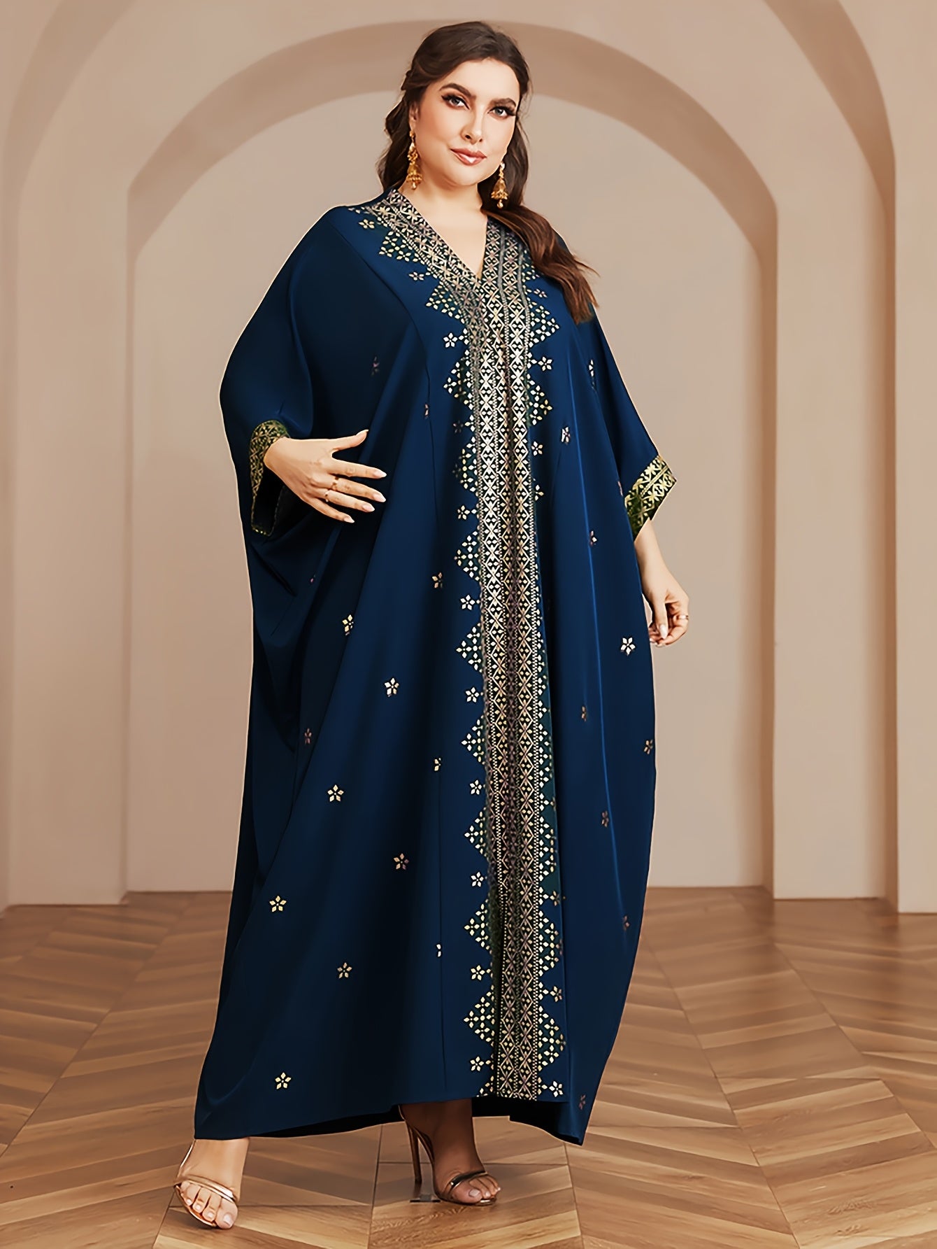 Polyester Long Kaftan | V-Neck Tribal Pattern Woven Non-Stretch, Middle East Golden Tassel, Batwing Sleeve Abaya, Plus Size, All Season