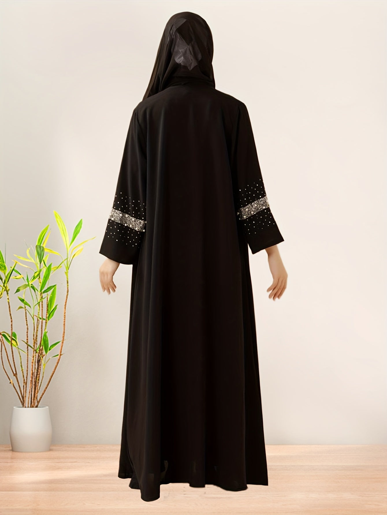 2pcs/Elegant black Muslim Pakistani Abaya with faux pearl embellishments, paired with a matching hijab scarf, made of lightweight and breathable fabric, suitable for prayer, family gatherings, or daily wear