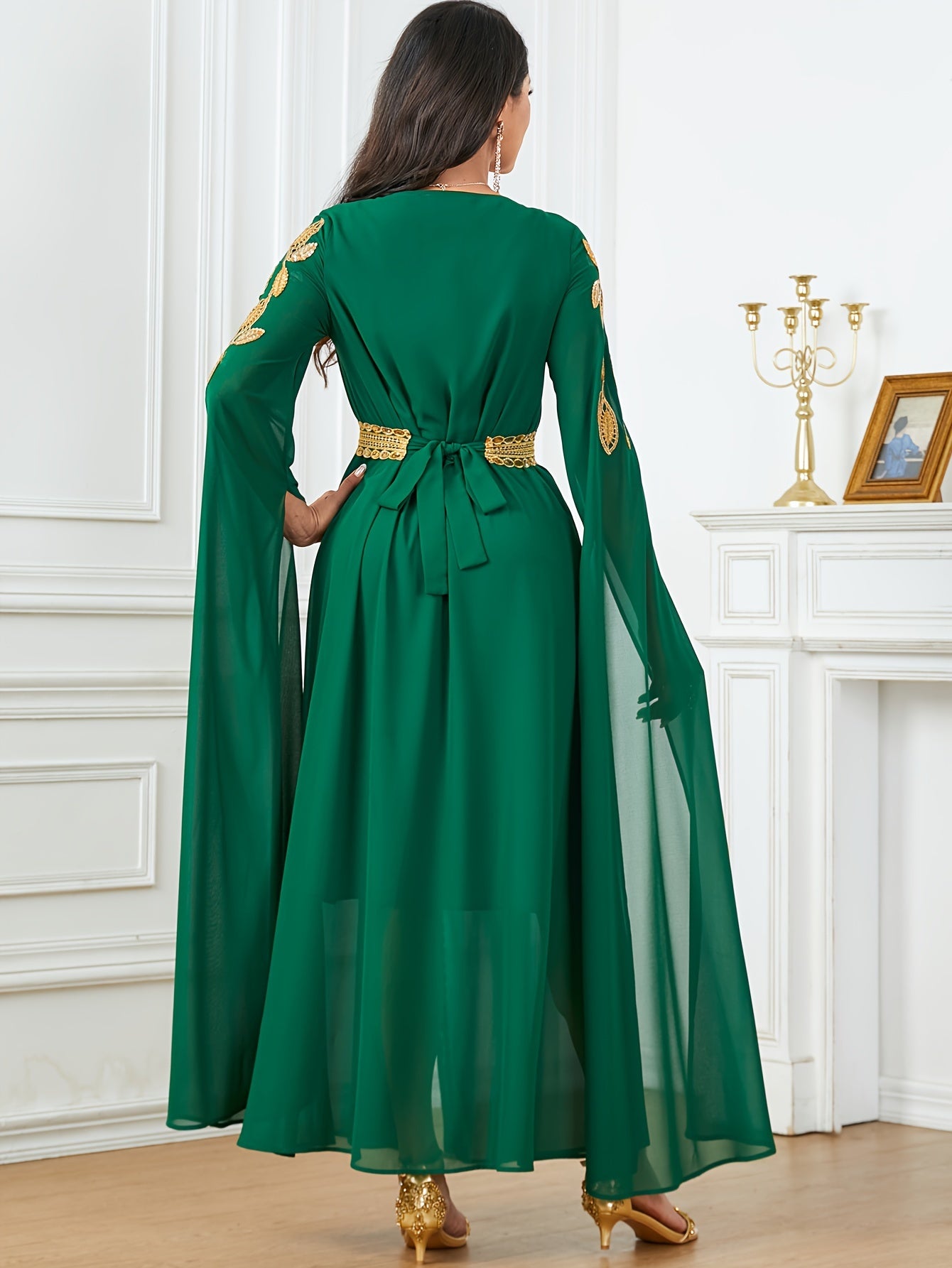 Embroidered V-Neck Abaya Dress, Elegant Cape Sleeve Maxi Dress, Women's Clothing
