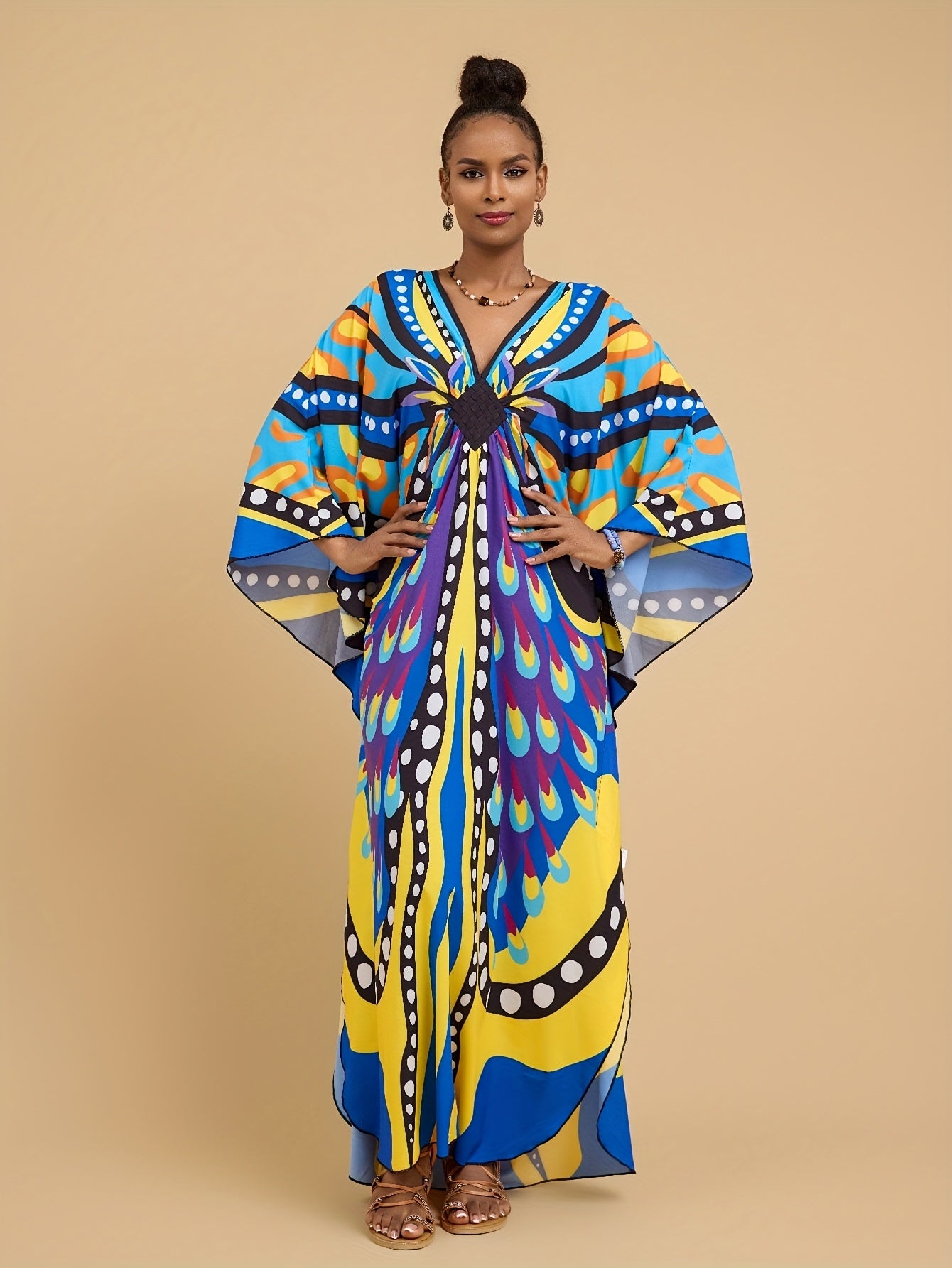 Plus Size - Maxi Dress - Vibrant Butterfly Abaya Cover Up, V-Neck Batwing Sleeve Tunic with Asymmetrical Hem, Loose Fit Long Beach Dress for Women, Spring Summer Fall Casual Outings, Beach Dress