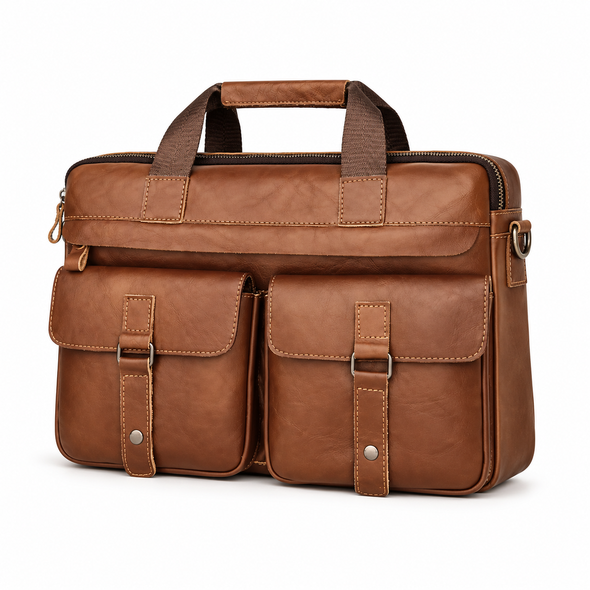 Classic Cognac Leather Briefcase With Pockets