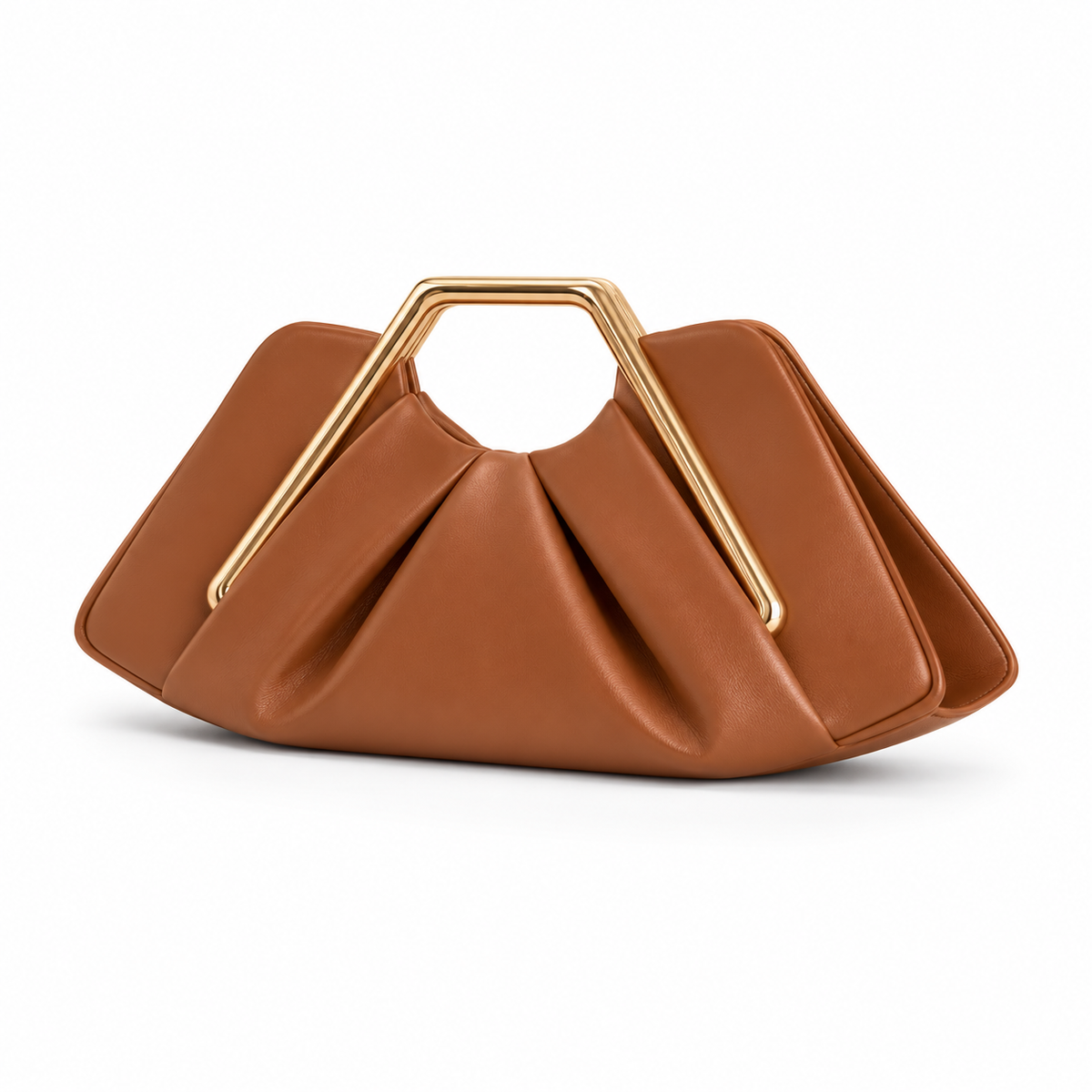 Caramel Sculptural Clutch With Golden Handle