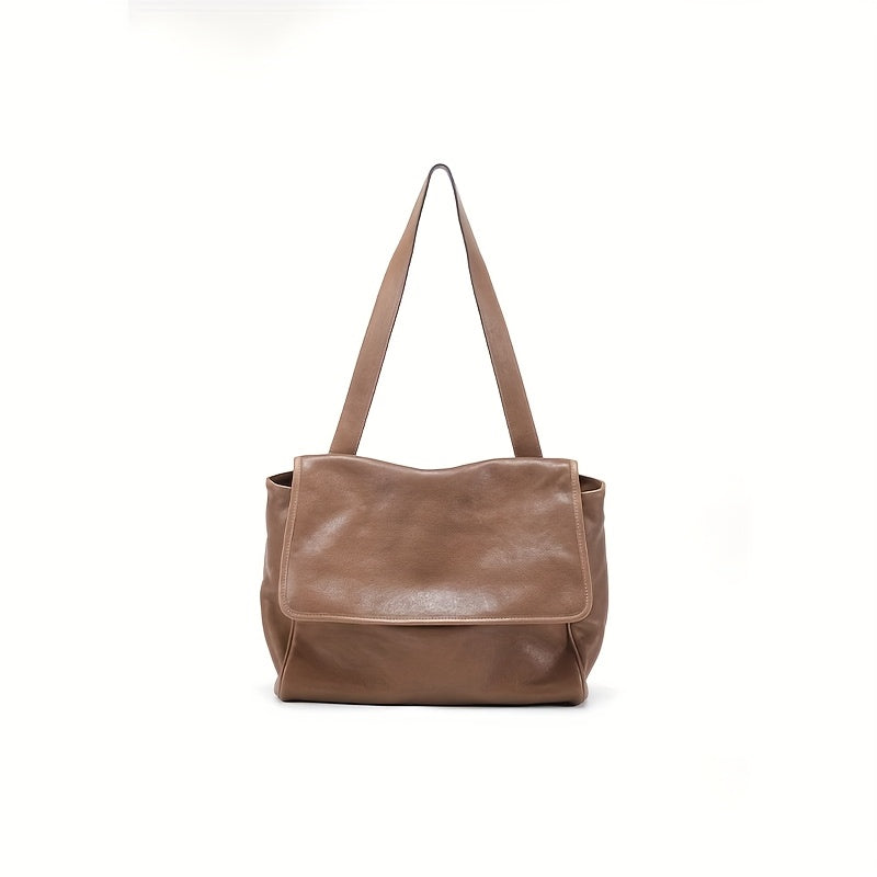 Top-Grain Vintage Genuine Leather Tote Messenger Bag - Flap Closure, Fixed Shoulder Strap, Large Capacity