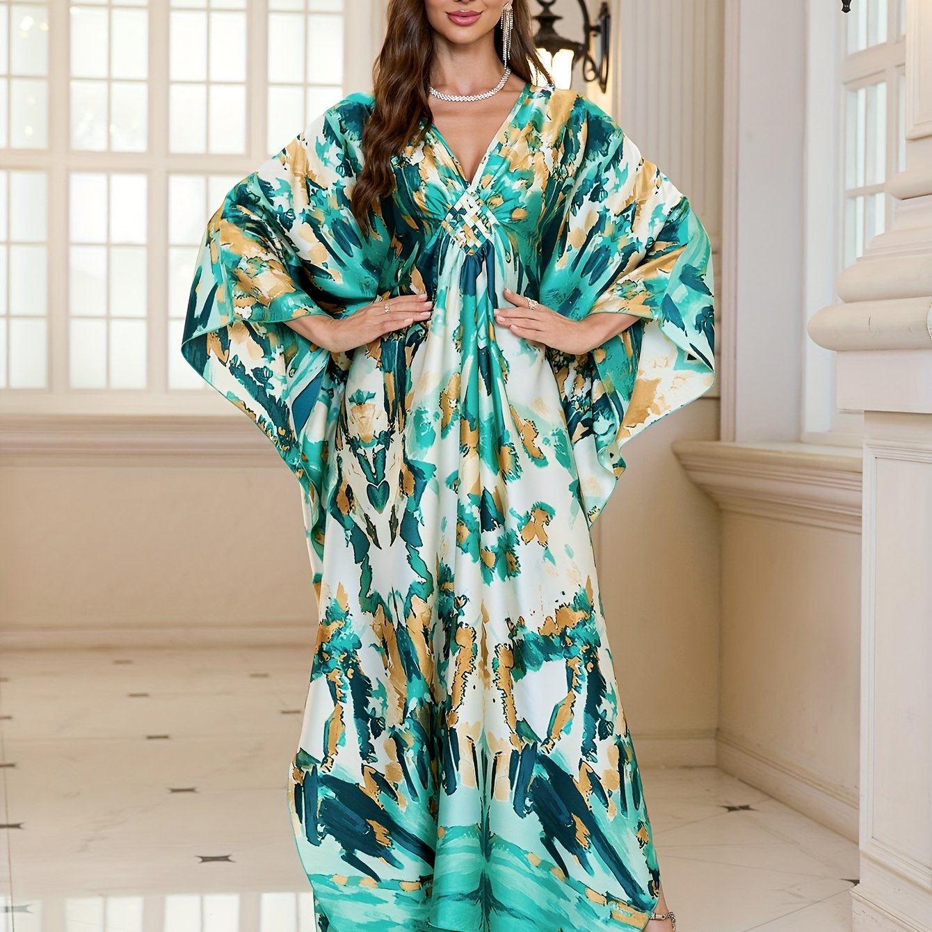 [Plus Size Kaftans] Elegant Plus Size Green and White Printed Beach Kaftans | Maxi Dresses Holiday Bathing Suits Cover Ups