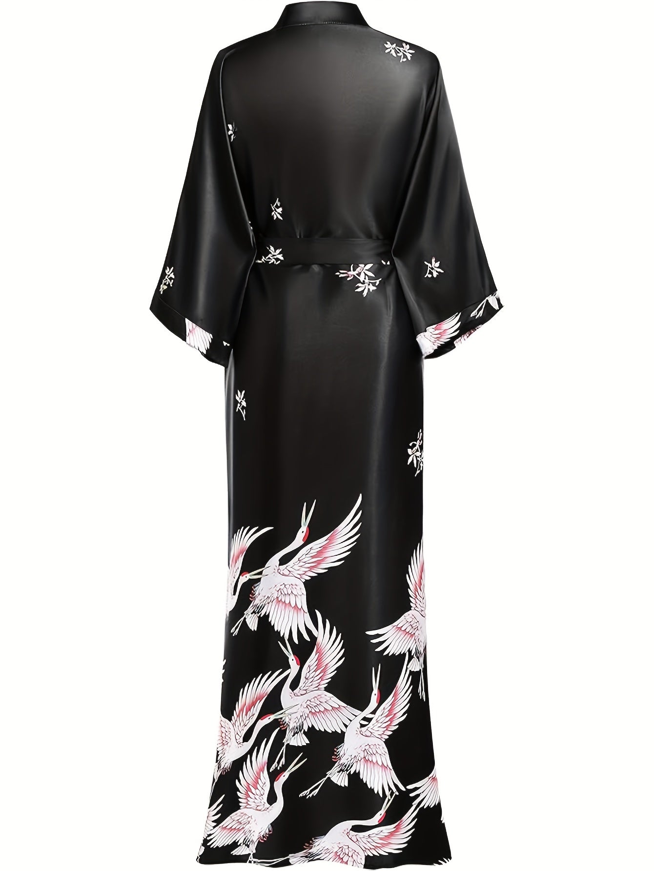Long Kimono Robe Satin Sleepwear Blouse Bathrobe Nightgown Floral Crane Kimono Cardigan Robe