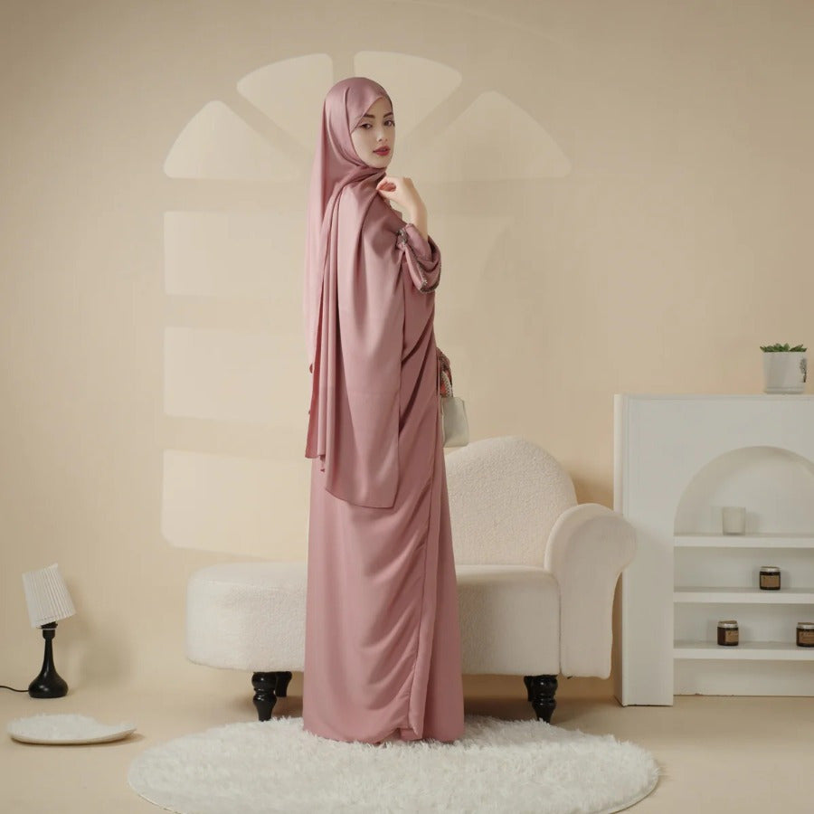 Batwing Emirati Abaya with Matching Hijab | Batwing Sleeve Abaya – Elegant Middle Eastern Arab, Islamic Style Shawl Robe Dress for Women, Long Skirt, Ramadan Prayer Outfit