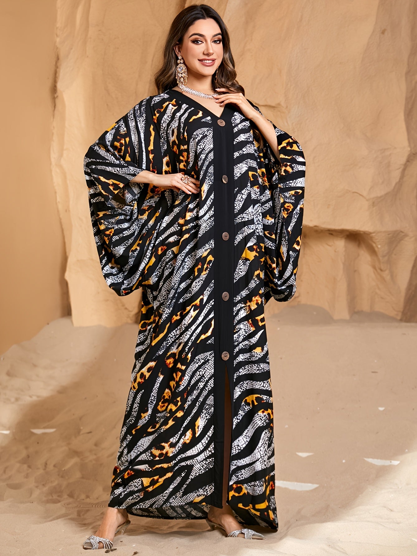 EDOLYNSA Elegant Long-Sleeve Leopard Print Ethnic Style Open-Front Dress in Light Gray, Middle Eastern Fashion Loose Vacation Kaftan Cover-Up Q1827