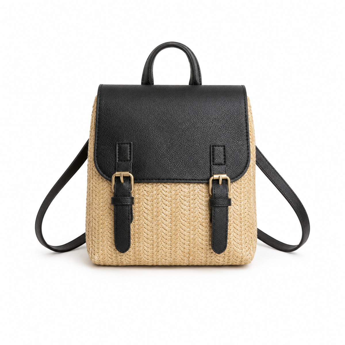 Woven Straw & Black Leather Mini Backpack Handbag