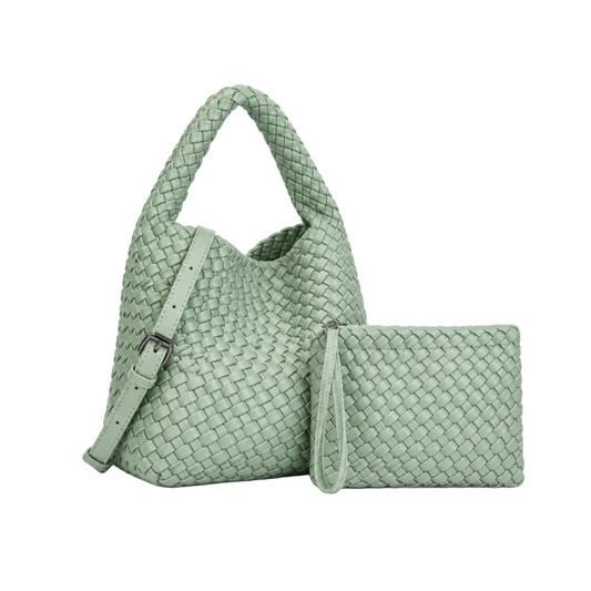 Sage Green Woven Hobo Bag With Pouch