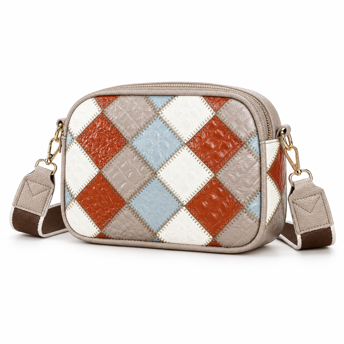 Beige Multicolour Diamond Patchwork Crossbody Bag
